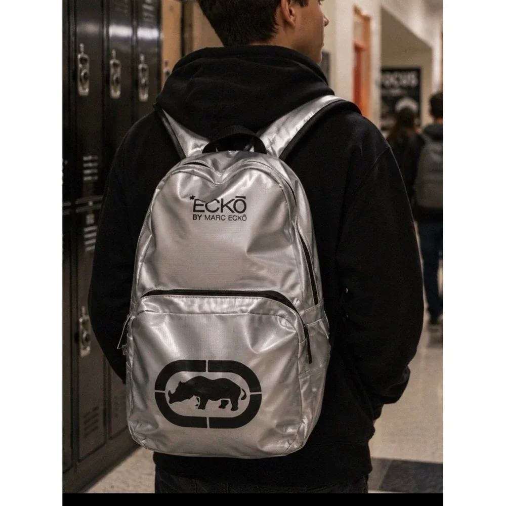 Ecko by Marc Ecko silver metallic backpack iconic black rhino logo front pocket